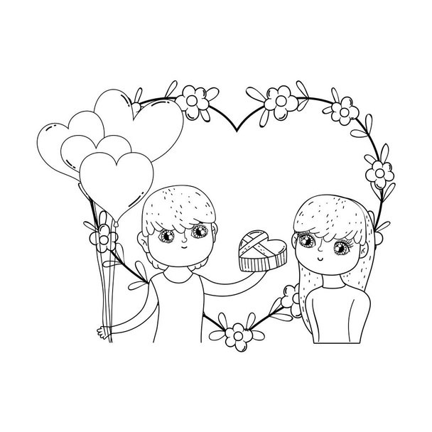 young lovers couple with balloons helium - Vector, Image