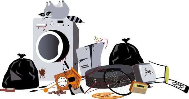Куча бытового мусора, включая сломанную стиральную машину и мертвого енота, векторная иллюстрация EPS 8
 - Вектор,изображение