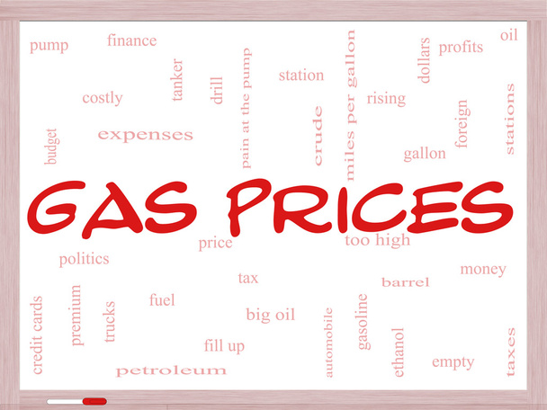 ガソリン価格、ホワイト ボード上のクラウド コンセプトを単語します。 - 写真・画像
