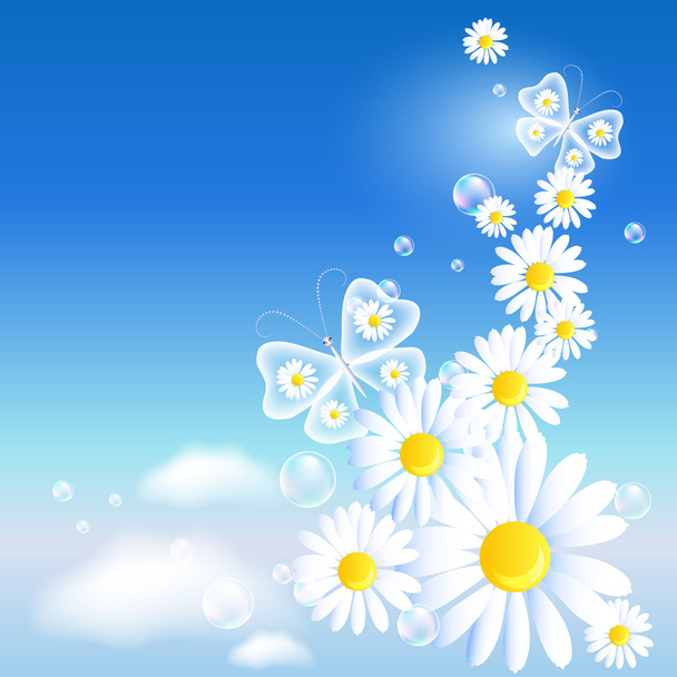 Butterflies and daisy in the sky - Vektor, Bild
