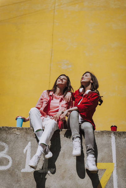 Two happy girls sitting together on parapet - Фото, изображение