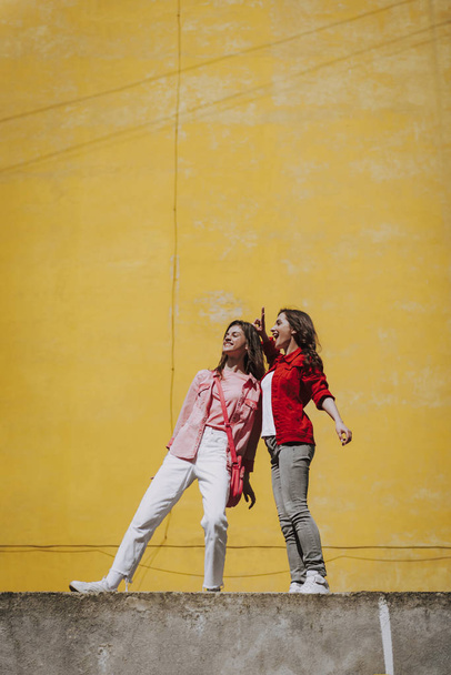 Two happy hipster girls staying on parapet - Fotografie, Obrázek