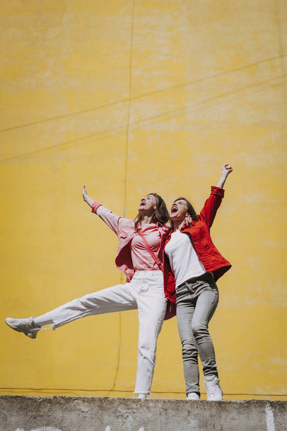 Two pretty cheerful hipster girls enjoying life - Photo, image