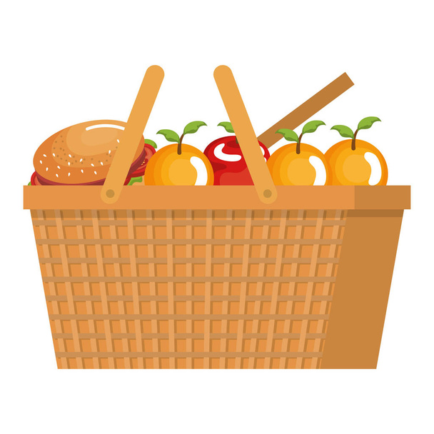picnic basket with hamburger and fruits - Vector, Image