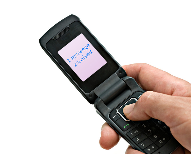 Telefone celular com "1 mensagem recebida" escrito em
 - Foto, Imagem