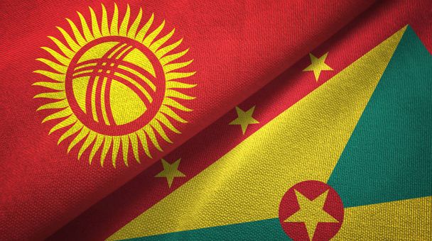 Kyrgyzstan und Grenada zwei Flaggen Textilstoff, Textur - Foto, Bild