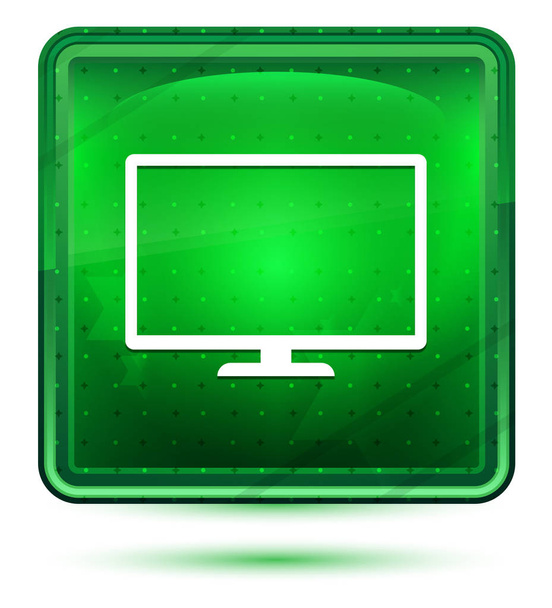 Monitor icon neon light green square button - Фото, изображение