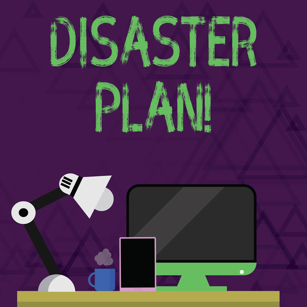 Writing note showing Disaster Plan. Business photo showcasing outlines how an organization responds to an unplanned event Arrangement for Nightshift Worker Computer, Tablet and Lamp. - Photo, Image