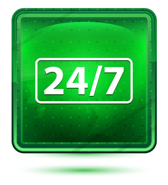 24/7 icon neon light green square button - Photo, Image