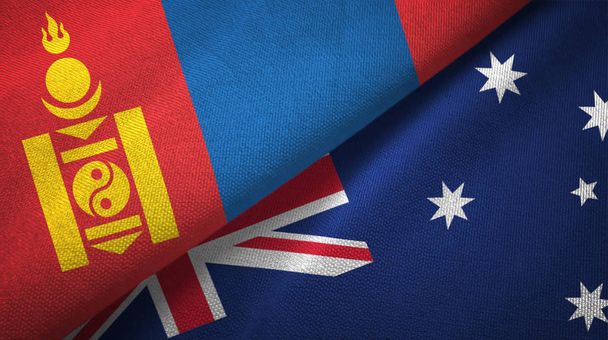Mongolië en Australië twee vlaggen textiel doek, stof textuur  - Foto, afbeelding
