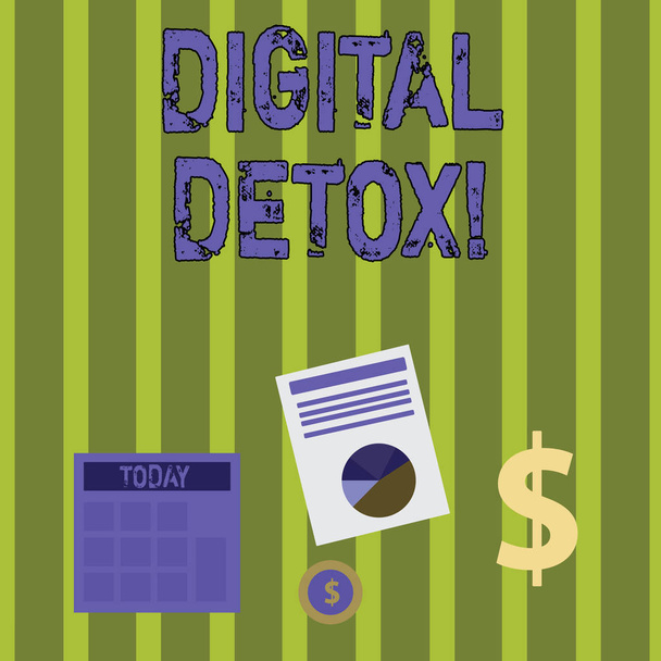 Writing note showing Digital Detox. Business photo showcasing period of time during a demonstrating stops from using gadgets Dollar Investment in Gold and Presenting Data thru Pie Chart. - Photo, Image