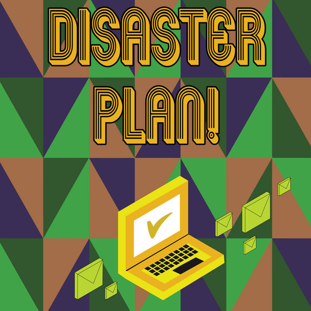Writing note showing Disaster Plan. Business photo showcasing outlines how an organization responds to an unplanned event Mail Envelopes around Laptop with Check Mark icon on Monitor. - Photo, Image