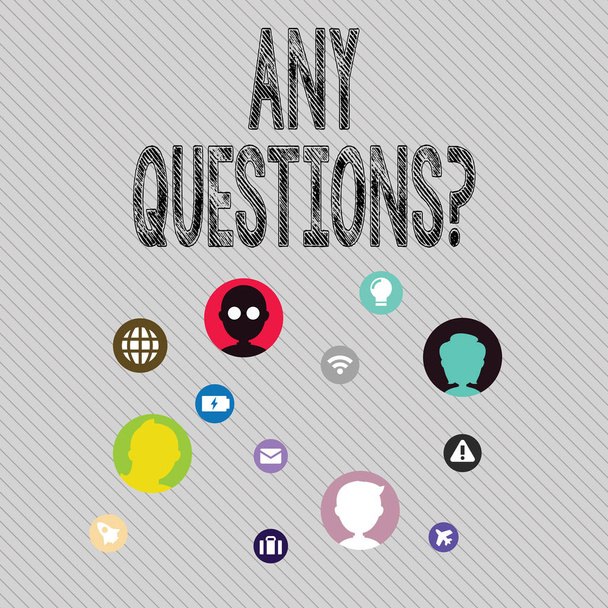 Text sign showing Any Questions Question. Conceptual photo you say write order to ask demonstrating about something Networking Technical Icons with Chat Heads Scattered on Screen for Link Up. - Photo, Image