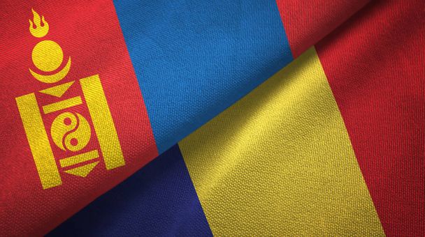 Mongolia y Rumania dos banderas tela textil, textura de la tela
 - Foto, imagen