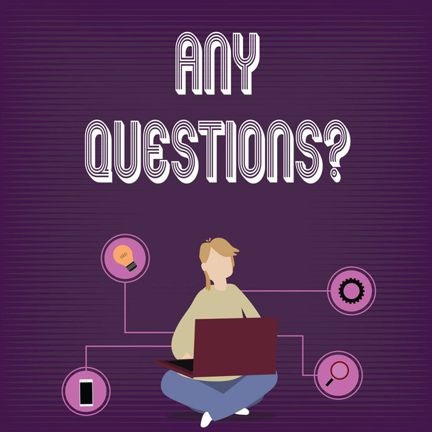 Text sign showing Any Questions Question. Conceptual photo you say write order to ask demonstrating about something Woman Sitting Crossed Legs on Floor Browsing the Laptop with Technical Icons. - Photo, Image