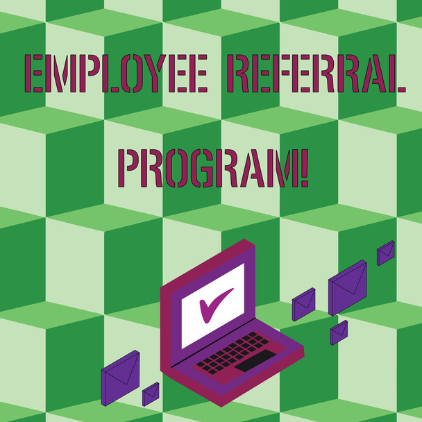 Text sign showing Employee Referral Program. Conceptual photo internal recruitment method employed by organizations Color Mail Envelopes around Laptop with Check Mark icon on Monitor Screen. - Fotografie, Obrázek