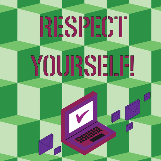 Text sign showing Respect Yourself. Conceptual photo believing that you good and worthy being treated well Color Mail Envelopes around Laptop with Check Mark icon on Monitor Screen. - Photo, Image