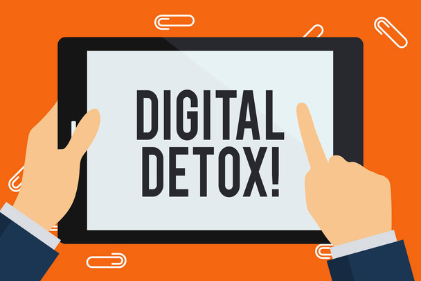 Word writing text Digital Detox. Business concept for period of time during a demonstrating stops from using gadgets Businessman Hand Holding, Pointing and Touching Colorful Tablet Blank Screen. - Photo, Image