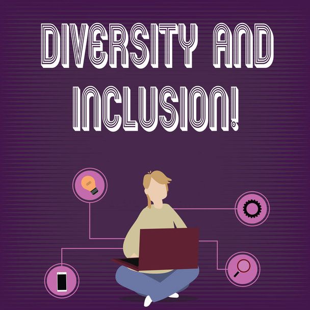Text sign showing Diversity And Inclusion. Conceptual photo range huanalysis difference includes race ethnicity gender Woman Sitting Crossed Legs on Floor Browsing the Laptop with Technical Icons. - Photo, Image