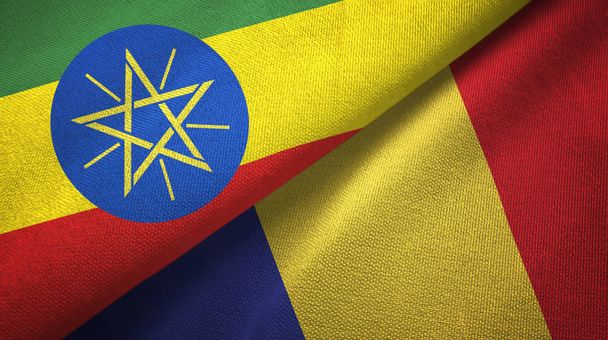 Etiopía y Rumanía dos banderas tela textil, textura de la tela
 - Foto, Imagen