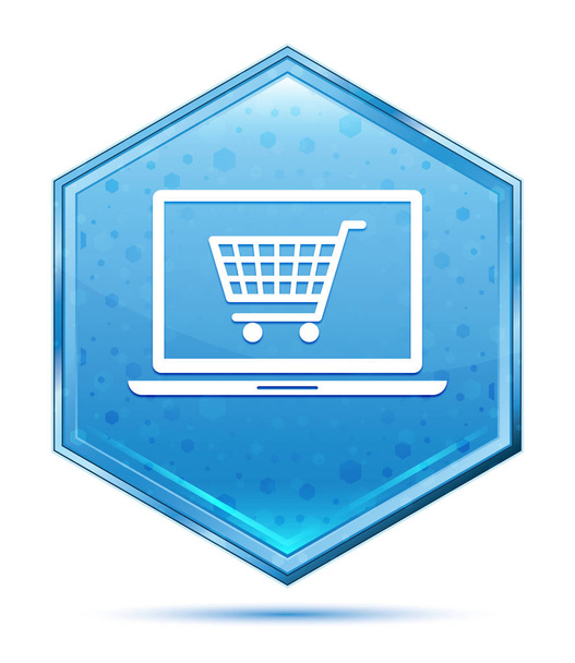 Online shopping cart laptop icon crystal blue hexagon button - Photo, Image