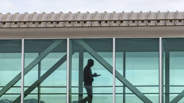 Panorama Skybridge berrak cam duvardan görülen bir adam silueti ile - Fotoğraf, Görsel