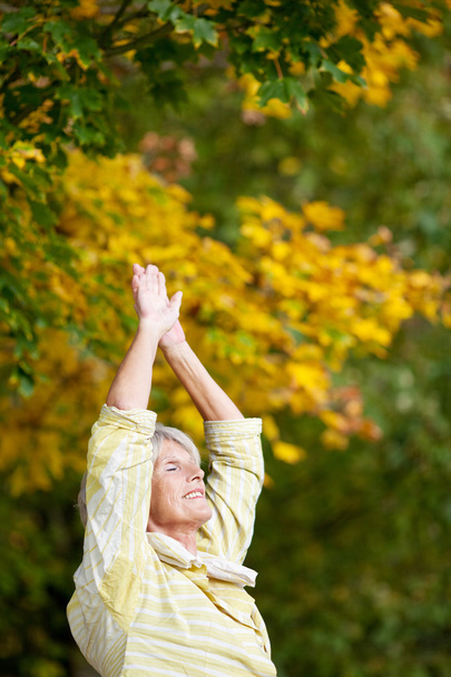 Senior Woman Doing Stretching Exercise In Park - Valokuva, kuva