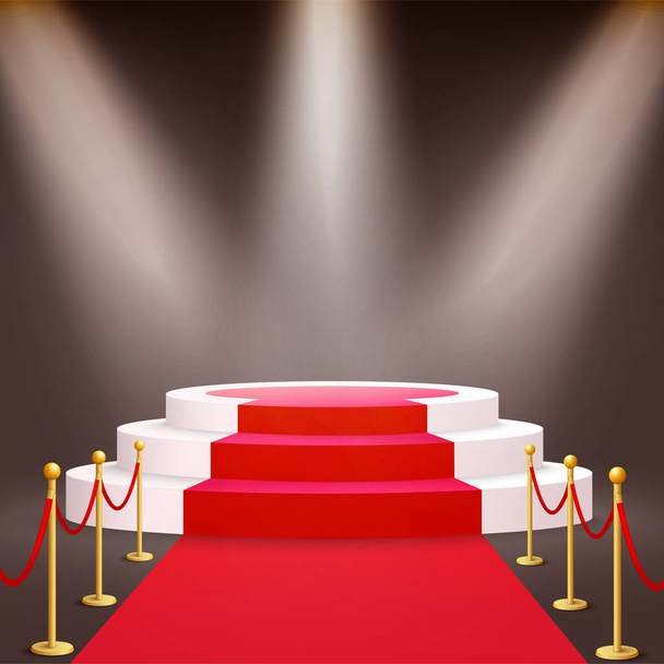 Round podium with red carpet and stanchions illuminated by spotlights 3d vector. - Vetor, Imagem