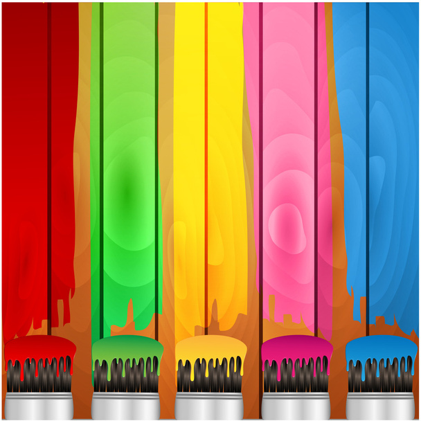 Listras coloridas de tinta e pincel em um fundo placas de madeira
 - Vetor, Imagem
