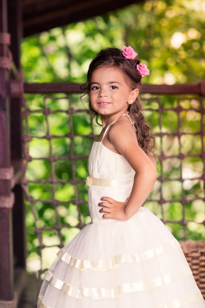 Charming little girl in a beautiful dress outdoor - Foto, Imagen