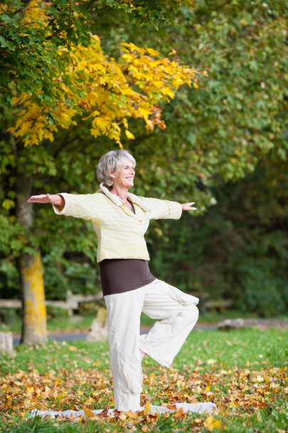Woman Standing On One Leg While Doing Yoga In Park - Valokuva, kuva