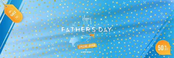 Happy Father's Day. Banner with Mega Sale 50 with special offer and light effects on background original font and stars. Flat vector illustration EPS 10 - Vektor, Bild