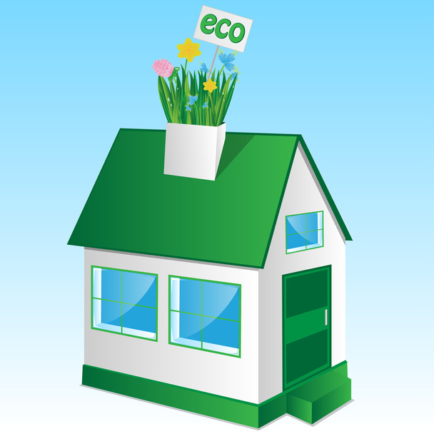 Casa con una hierba y flores en un techo
 - Vector, Imagen