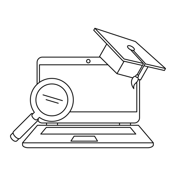 laptop with magnifying and hat graduation - Vector, Image