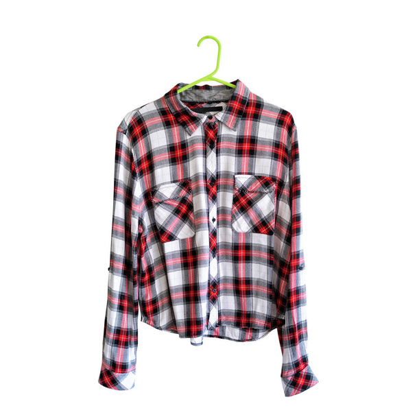 Red and white checkered shirt on a hanger. White background. Isolate - Photo, Image