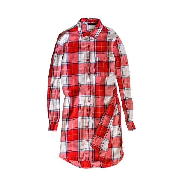 Red and white checkered long shirt. White background. Isolate - Photo, Image
