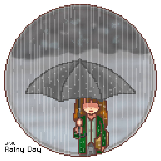Vektor-Pixelkunst eines Mädchens unter einem Regenschirm an einem regnerischen Tag - Vektor, Bild