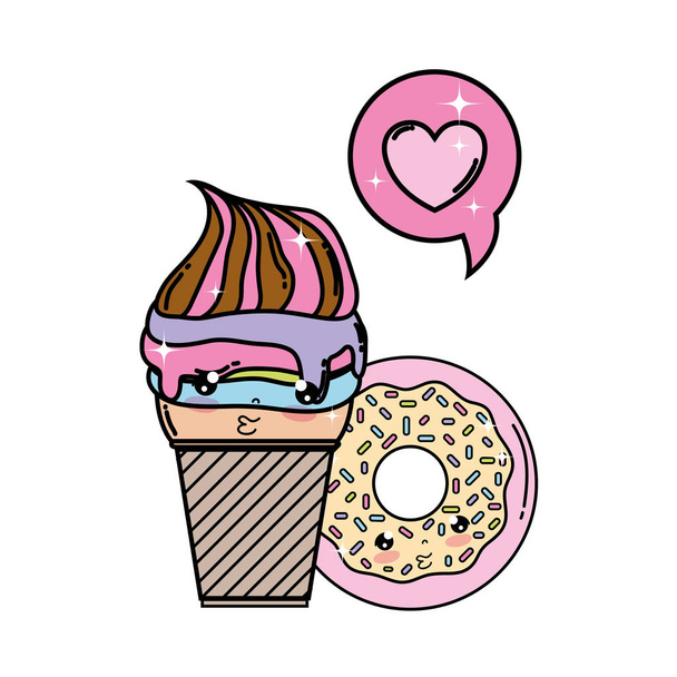 ドーナツとハートのかわいいアイスクリーム可愛い - ベクター画像