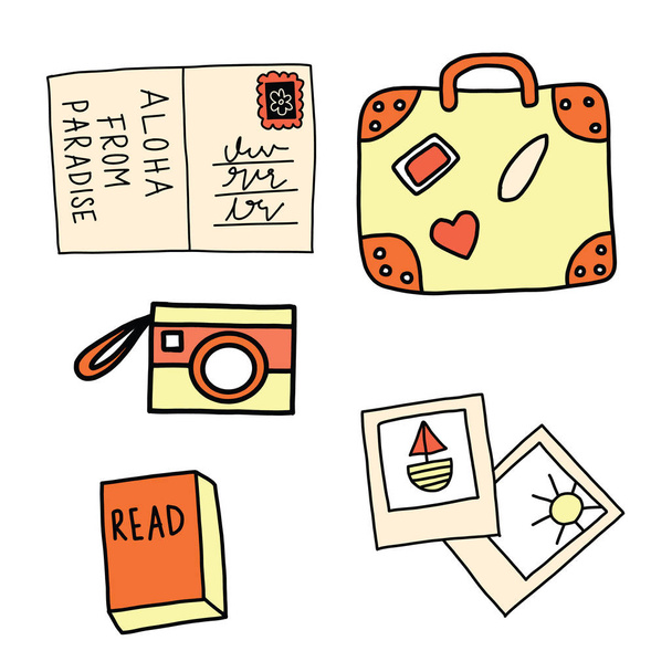 Set of summer vacation icons vector. Postcard, suitcase, camera, pictures, book - ベクター画像