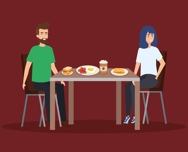 casual man and woman eating sandwich and coffee - Vector, Image