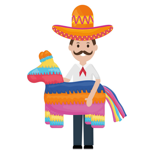mexican man with mariachi hat and pinata - Vector, Image