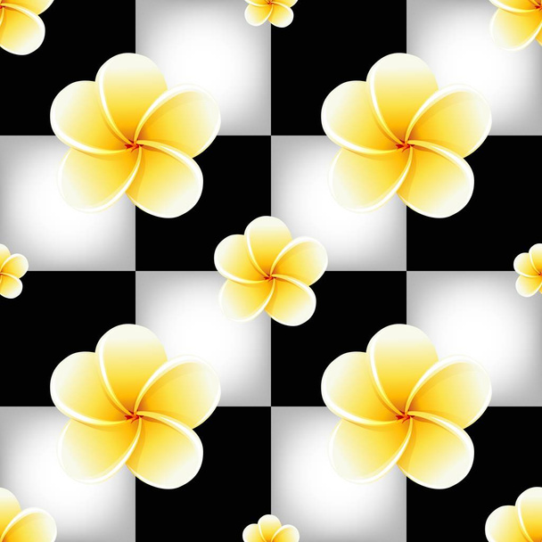 Χωρίς ραφές, με λουλούδια και άνθη σε μαύρο και άσπρο σκάκι - Διάνυσμα, εικόνα