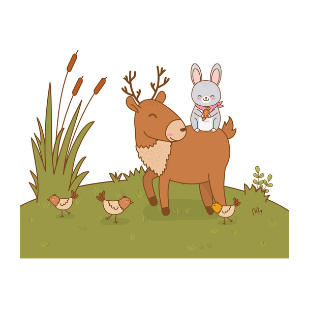 cute reindeer and rabbit in the field woodland characters - Vector, Image