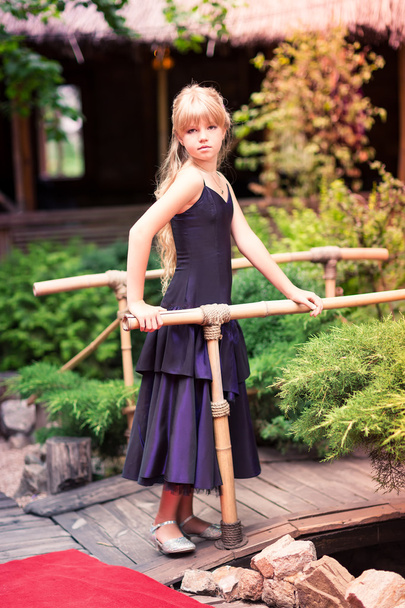 Charming little girl in a beautiful dress outdoor - Fotó, kép