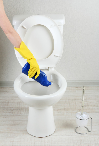 Woman hand with spray bottle cleaning a toilet bowl in a bathroom - Foto, imagen