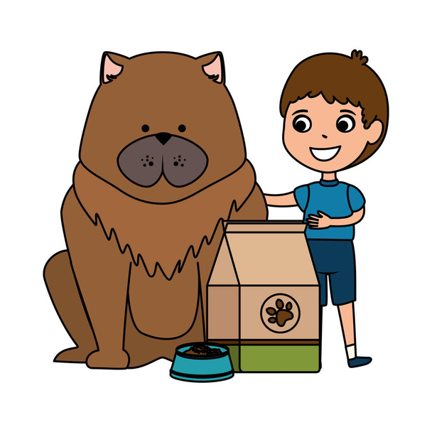 犬と食べ物袋を持つかわいい男の子 - ベクター画像