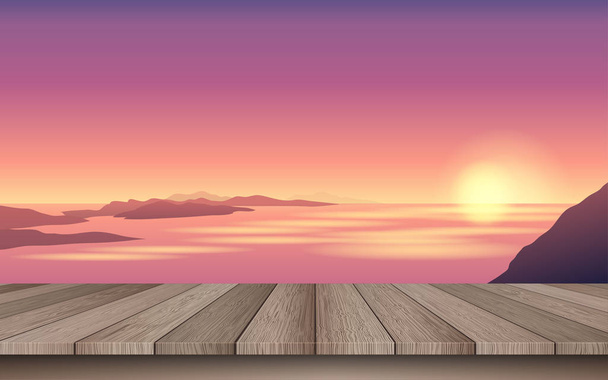  view of sunrise at the wooden floor on the mountain - Vector, Image