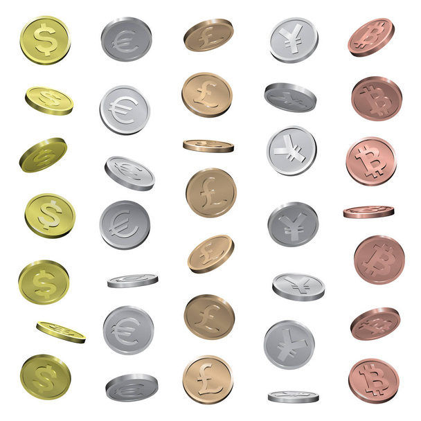 Κέρματα δολαρίου, ευρώ, Λίρα, γιεν και Bitcoin - Διάνυσμα, εικόνα