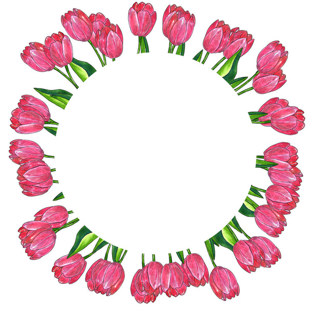 Kerek virágos váz. Piros rózsaszín tulipánok levelekkel. Kézzel rajzolt akvarell és tinta illusztráció. Elszigetelt fehér alapon. - Fotó, kép