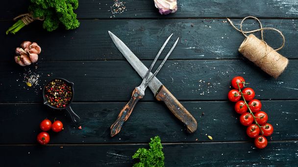 BBQ banner. Cutlery barbecue. Top view. Free space for your text. Rustic style. - 写真・画像